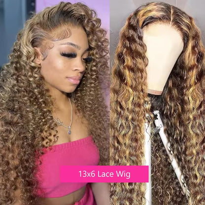 Highlight Honey Blonde Deep Wave Lace Front Wig 13×6 Ombre P4/27 Highlight Colored Lace Front Wigs Human Hair Pre Plucked Bleached Knots 200% Density (13X6 Honey Deep, 18 Inch)
