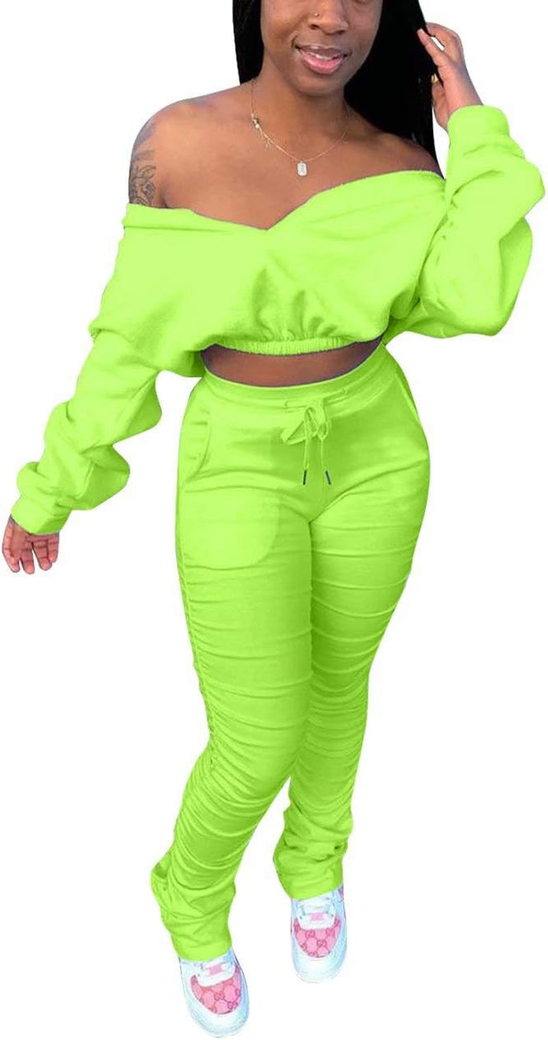 Two Piece Outfits for Women - Sexy off Shoulder Long Sleeve Crop Top Bodycon Ruched Stacked Pants Tracksuit Sweatsuit Clubwear