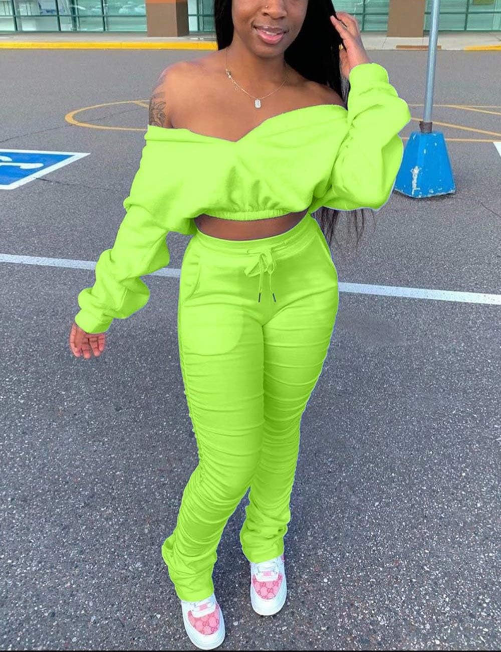 Two Piece Outfits for Women - Sexy off Shoulder Long Sleeve Crop Top Bodycon Ruched Stacked Pants Tracksuit Sweatsuit Clubwear