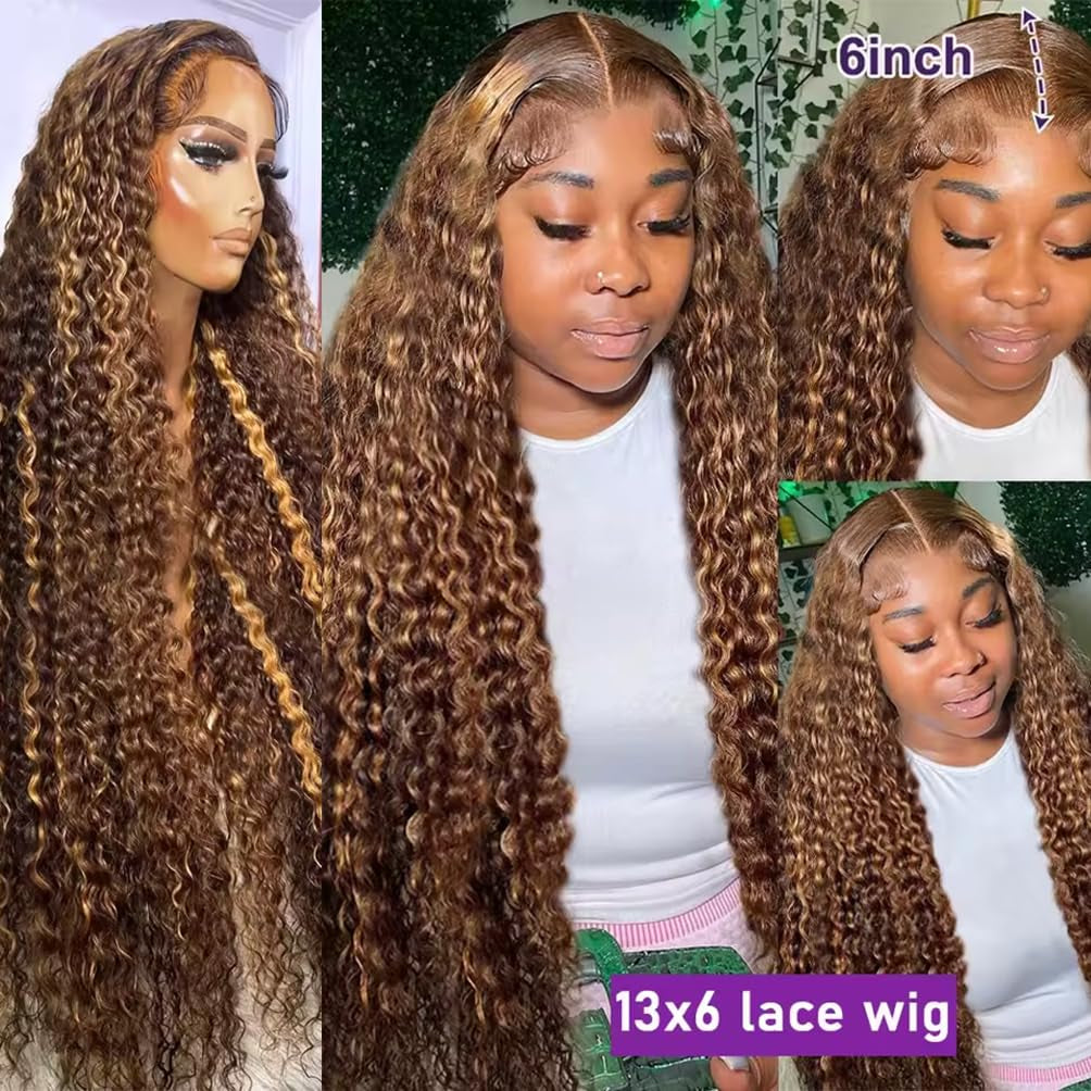 Highlight Honey Blonde Deep Wave Lace Front Wig 13×6 Ombre P4/27 Highlight Colored Lace Front Wigs Human Hair Pre Plucked Bleached Knots 200% Density (13X6 Honey Deep, 18 Inch)