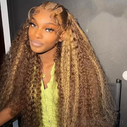 Highlight Honey Blonde Deep Wave Lace Front Wig 13×6 Ombre P4/27 Highlight Colored Lace Front Wigs Human Hair Pre Plucked Bleached Knots 200% Density (13X6 Honey Deep, 18 Inch)